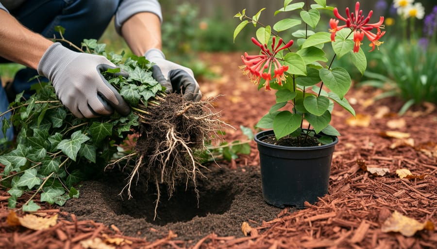 Gloved hands pull invasive English ivy with roots exposed beside a potted native coral honeysuckle being set into a backyard garden bed under soft natural light, with blurred mulch and native perennials in the background.