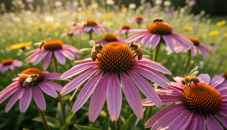 Native purple coneflowers and black-eyed susans with bumblebee pollinator in garden setting
