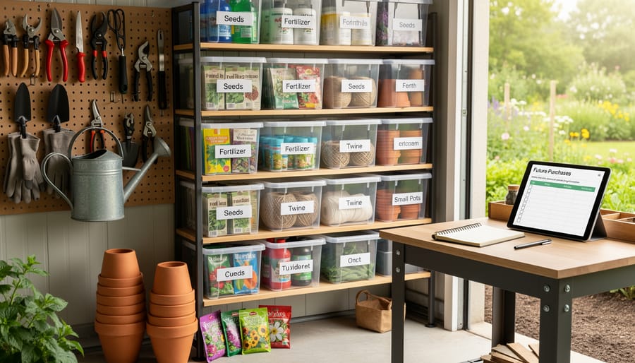 Overhead view of organized garden supplies including seeds, tools, and pots on wooden bench