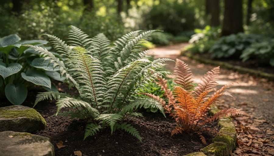 Eye-level view of Japanese Painted Ferns with silver-green fronds beside an Autumn Fern with coppery new growth in a shaded woodland bed, dappled morning light, mossy stones and hostas softly blurred behind.