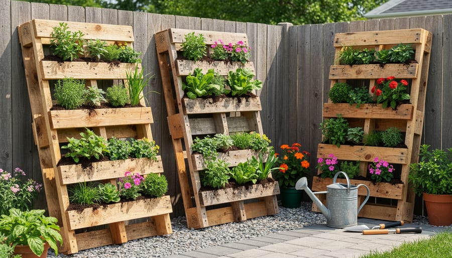 Wooden pallet planter mounted on wall with herbs growing from slats