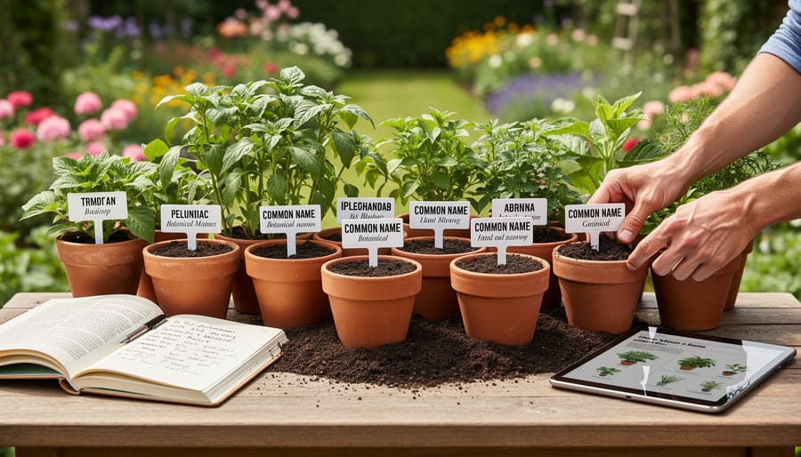 Gardening notebook with plant names surrounded by seed packets and tools on wooden surface