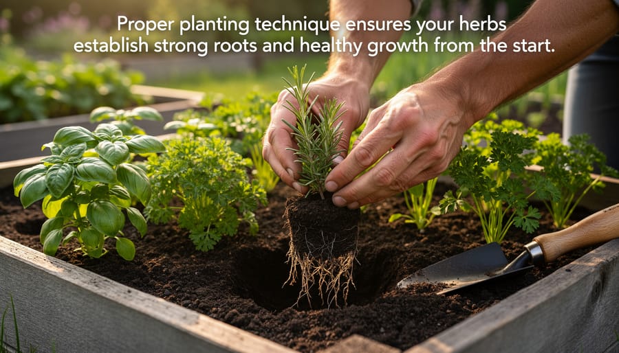 Gardener's hands planting basil seedling in container with potting soil