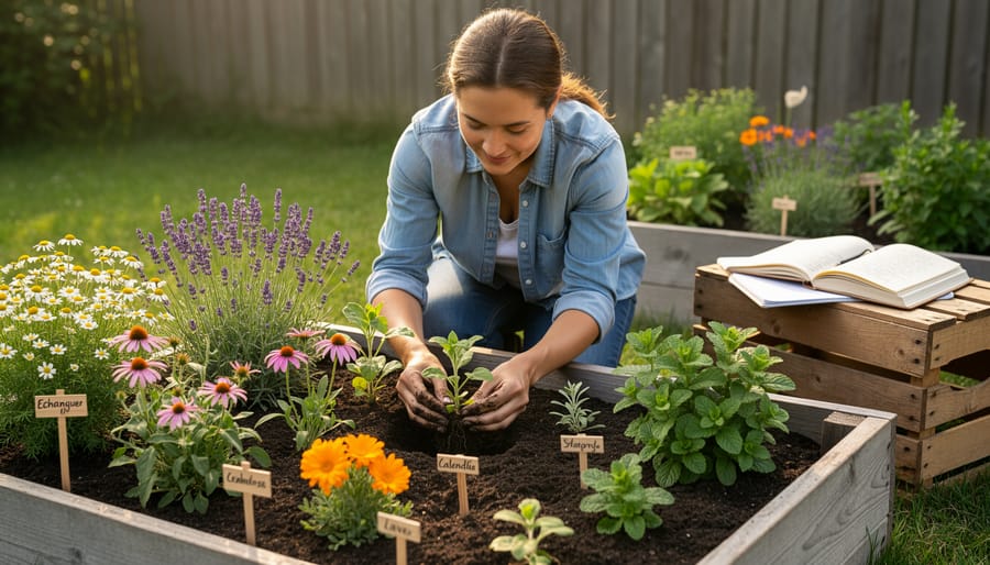 Hands planting medicinal seedlings in garden soil