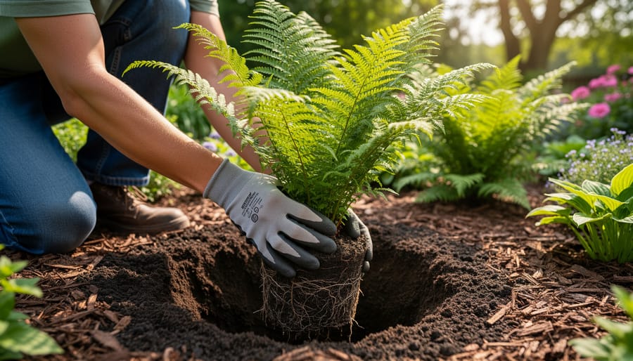 Gardener's hands planting a young fern in prepared soil