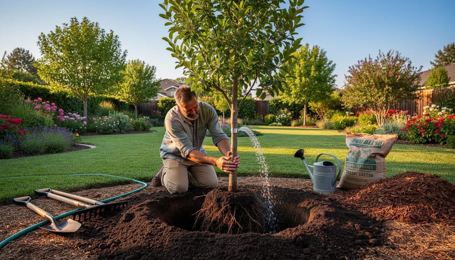 Gardener planting young ornamental tree sapling with proper soil preparation