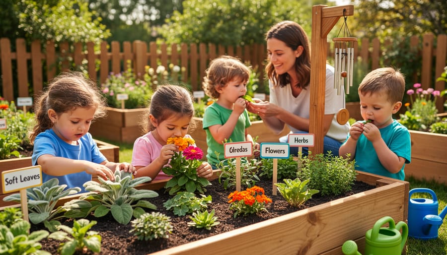 Group of preschool children exploring herb plants through touch and smell