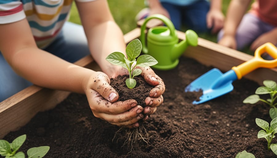 Close-up of a preschooler’s muddy hands holding a green seedling with soil in a raised garden bed, with a small watering can, child trowel, and other children gardening softly blurred in the background.