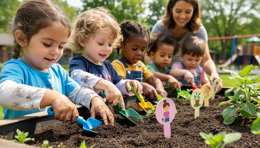 Preschool child with dirt-covered hands planting seeds in raised garden bed