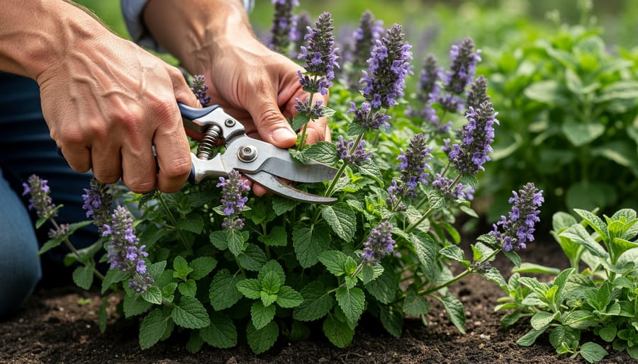 Gardener's hands pruning hyssop plant with shears in garden