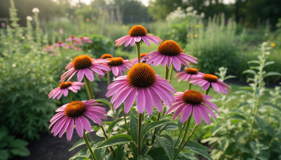 Purple coneflower plants blooming in a natural garden setting