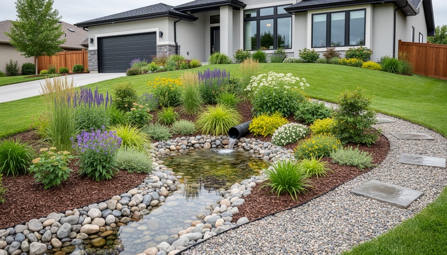 Established rain garden with native plants and grasses collecting water in residential yard