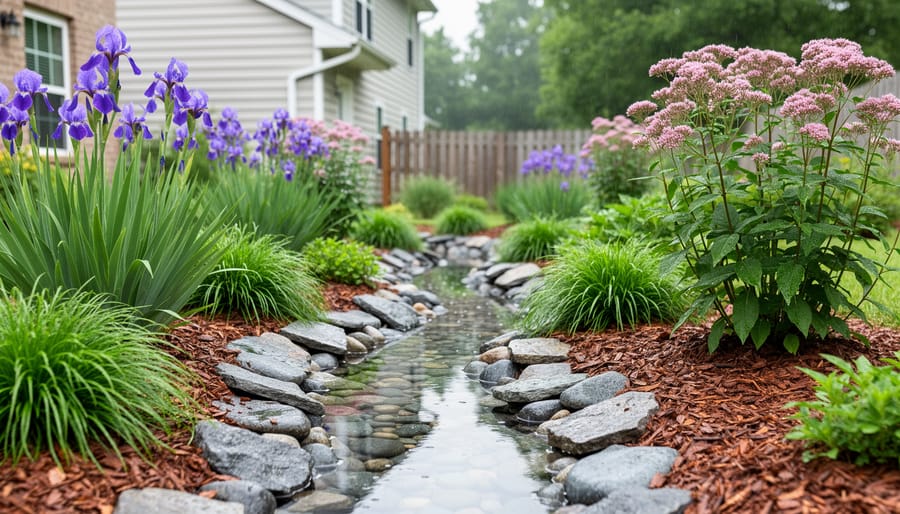 Suburban backyard rain garden with a gently curving stone-lined swale carrying shallow water, bordered by native water-loving plants and mulch, photographed at eye level after rain; house, downspout, fence, and trees softly visible in the background.