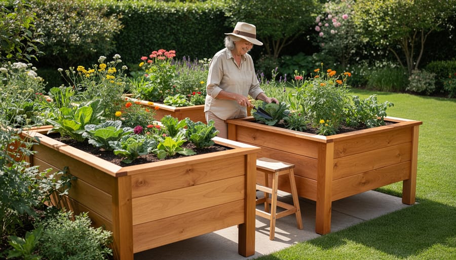 Senior woman planting herbs in waist-high raised garden bed