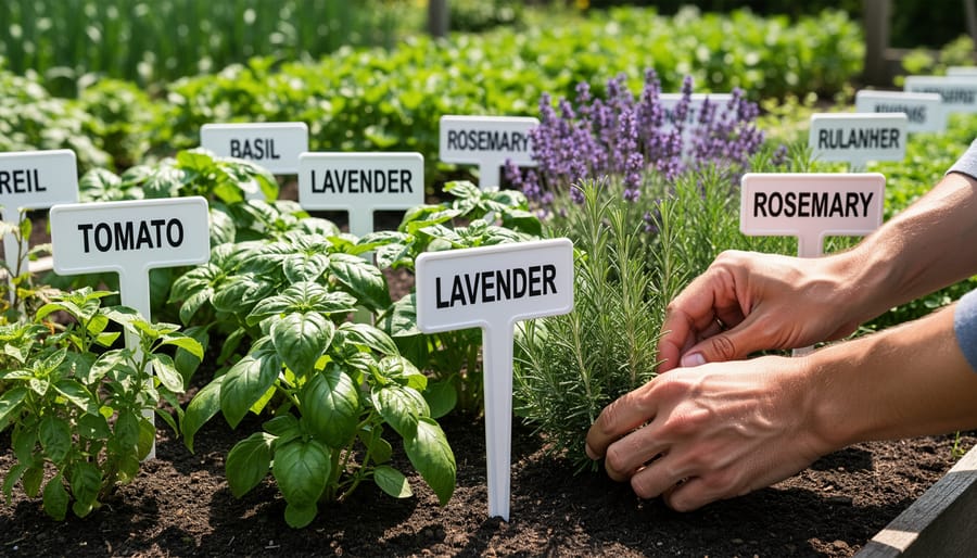 Close-up of clear plant identification tag with large text beside purple flowering plant