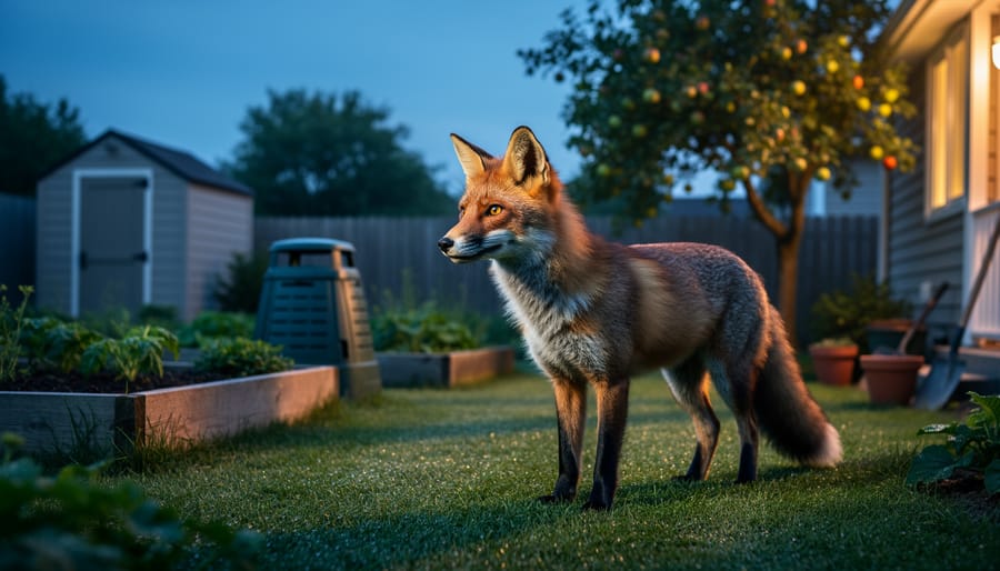 Red fox at ground level walking along a garden path at dusk, sharply focused on its face, with a softly blurred shed, vegetable beds, compost bin, and fruit tree behind it under blue-hour light with warm side illumination.