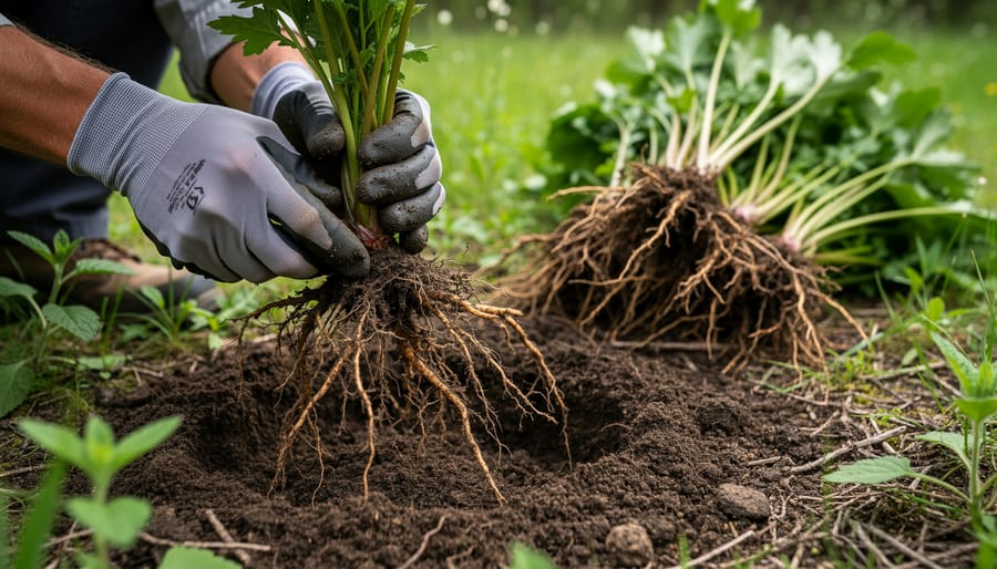 Gardener's hands removing invasive plant with roots from soil