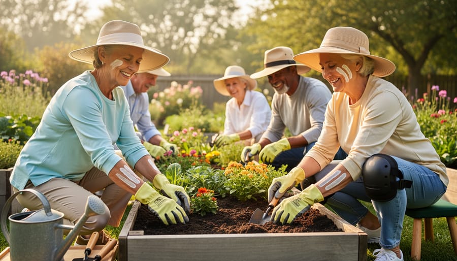 Senior gardener wearing sun hat and using padded kneeler while tending container garden