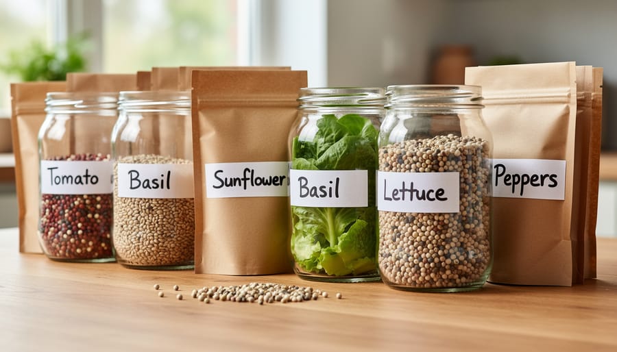 Hands labeling glass jars filled with cleaned and processed flower seeds