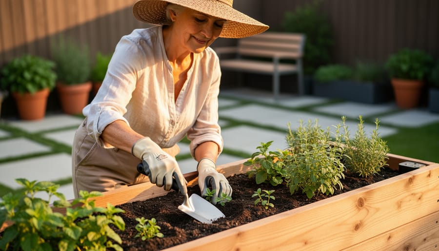 Older woman in a sun hat gardening at a waist-high raised bed using an ergonomic trowel, bathed in warm evening light, with blurred container planters, non-slip pavers, a garden bench, and drip irrigation visible in the background.