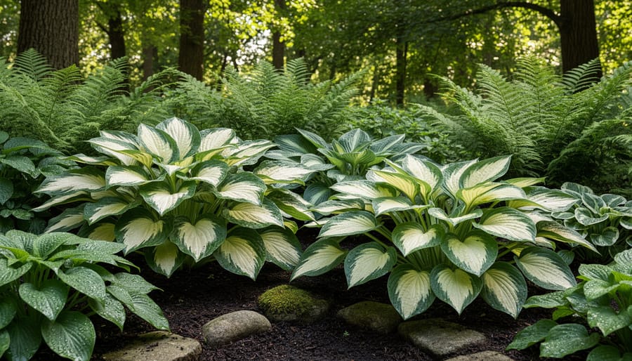 Close-up of variegated hosta and fern leaves showing contrasting textures in shade garden