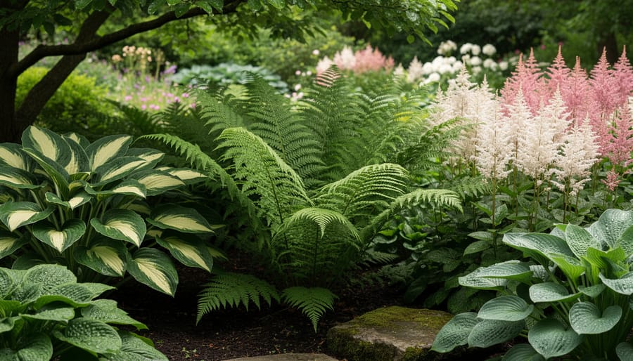 Diverse shade garden featuring multiple ornamental fern varieties with hostas and astilbes