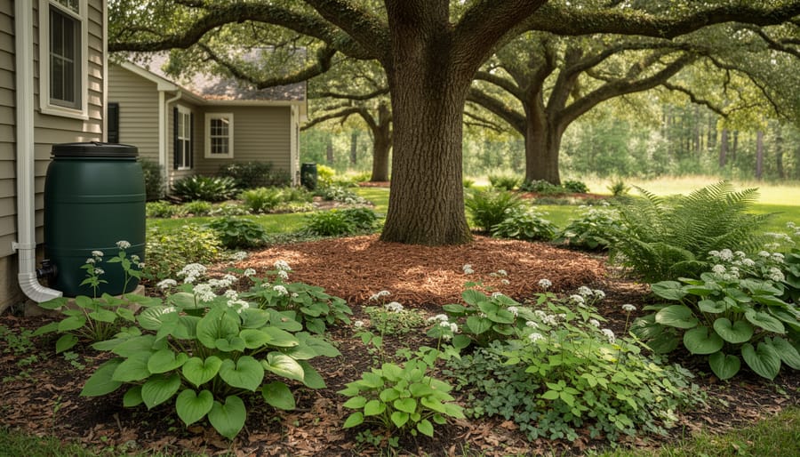 Shady backyard under mature trees with a rain barrel at a downspout, organic mulch around a tree, and native groundcovers like foamflower, wild ginger, and ferns replacing invasive ivy; house softly blurred in the background.