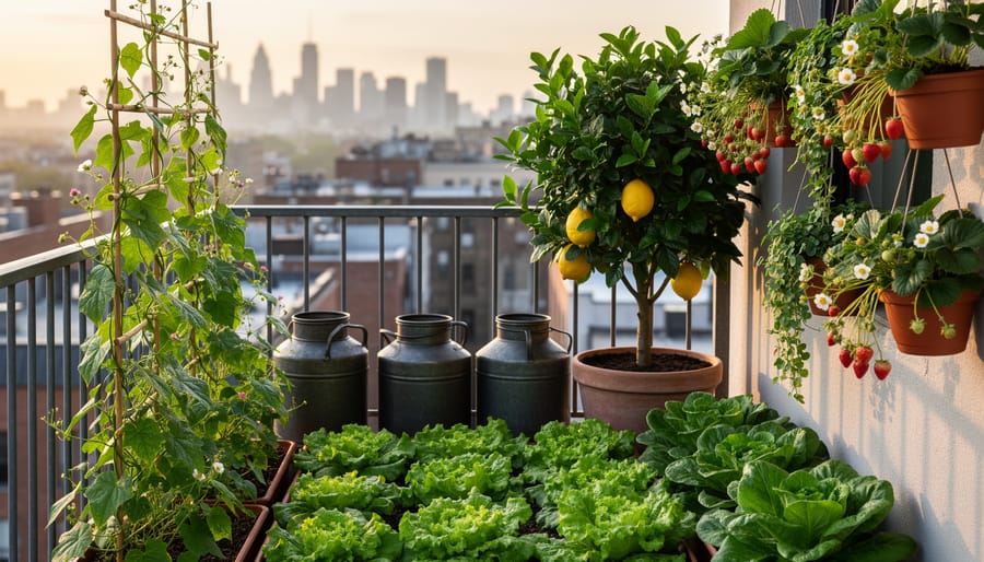 Layered plantings on a small urban balcony—beans climbing a railing trellis, strawberries spilling from hanging pots, lettuce at ground level, and a potted dwarf lemon tree beside dark water containers—lit by warm evening light with city buildings softly blurred in the background.