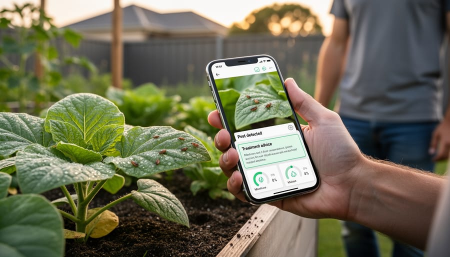 Gardener using smartphone pest monitoring app in vegetable garden