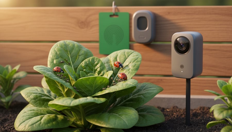 Close-up of a leafy vegetable plant with two ladybugs hunting aphids; a small AI garden camera on a stake is nearby; in the softly blurred background, a wooden fence holds an ultrasonic repeller and a green pheromone trap card under warm golden-hour light.