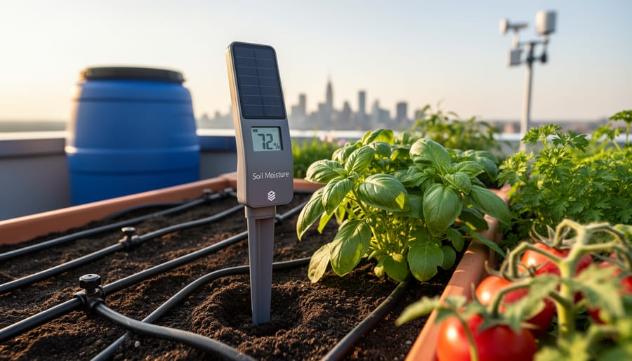 "Close-up of a soil moisture sensor and small solar-powered node among leafy herbs and tomato plants on a rooftop garden at golden hour, with drip irrigation lines, a rain barrel, a small weather sensor mast, and a blurred city skyline in the background."