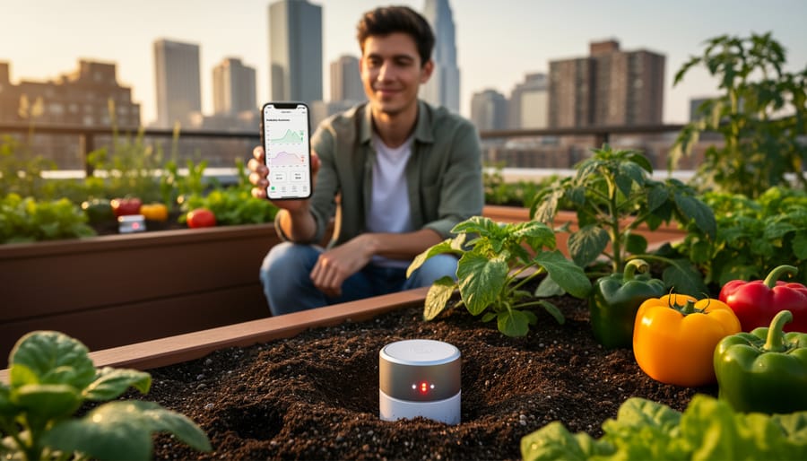 Multiple smart sensors installed in urban rooftop garden soil with plants and city buildings in background