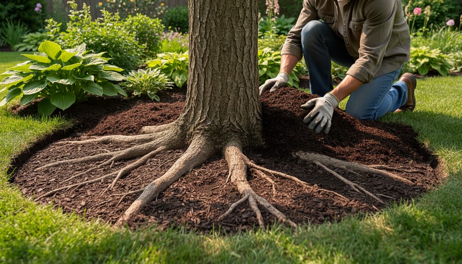Gardener carefully adding compost around tree roots without damaging them