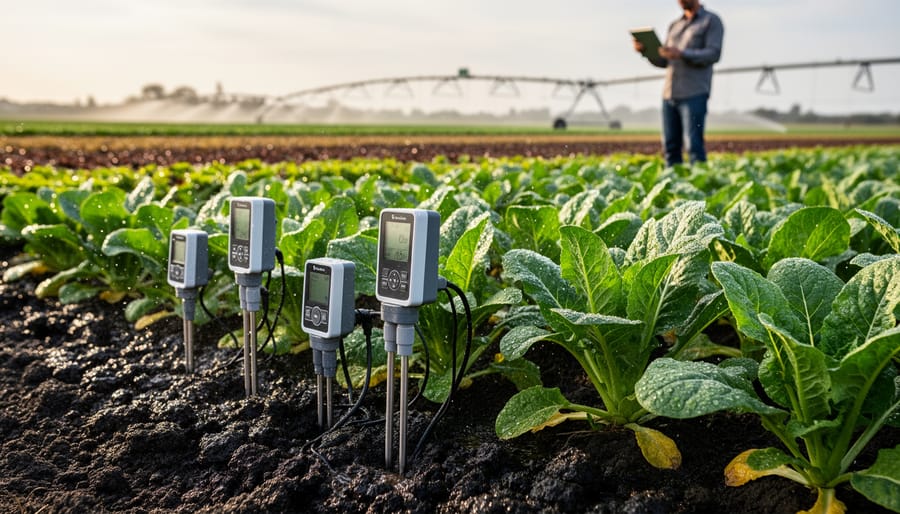 Close-up of soil moisture sensor probe in dark wet soil with water droplets