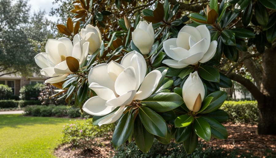 Close-up of white Southern Magnolia flower bloom with glossy green leaves