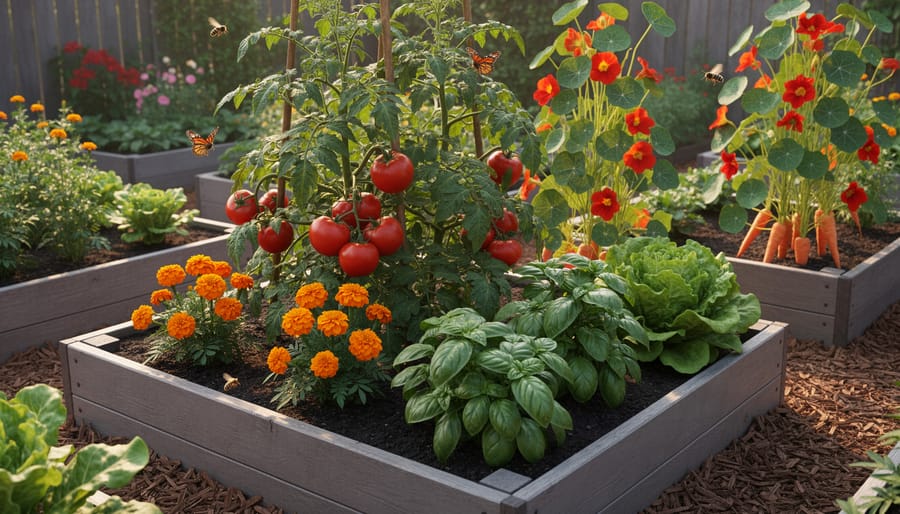 Vegetable garden showing tomatoes, basil, and marigolds planted together as companions