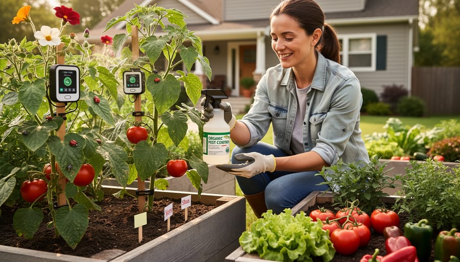 Gardener inspecting healthy vegetable plants in thriving chemical-free garden