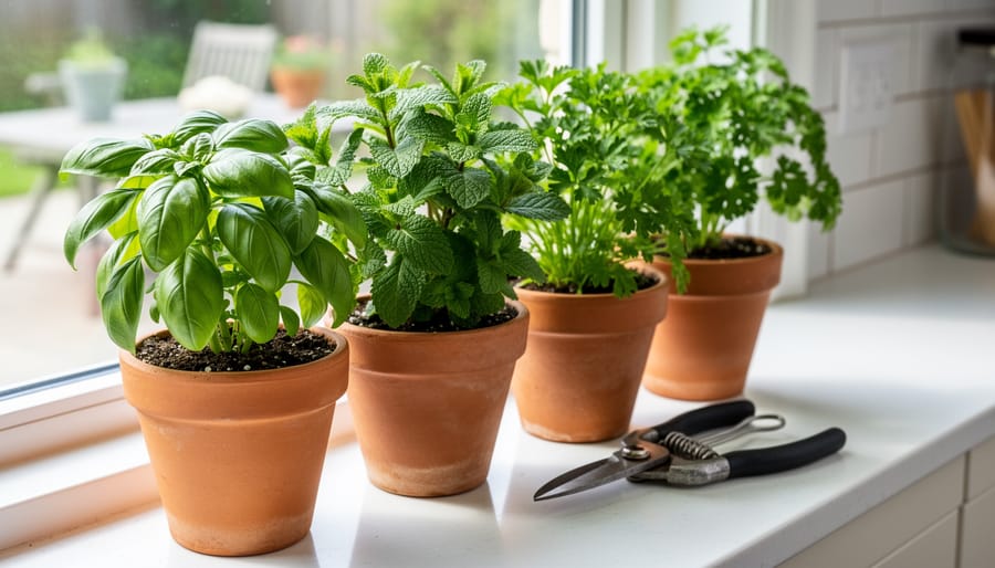Sunlit windowsill with three to five six-inch terracotta pots of basil, mint, and parsley in dark potting mix; small pruning shears beside the pots; shallow depth of field with blurred kitchen counter and patio in background.