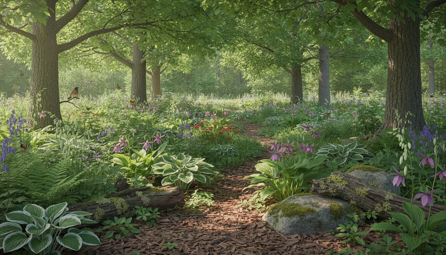 Native shade-loving plants including ferns and wildflowers growing beneath mature trees