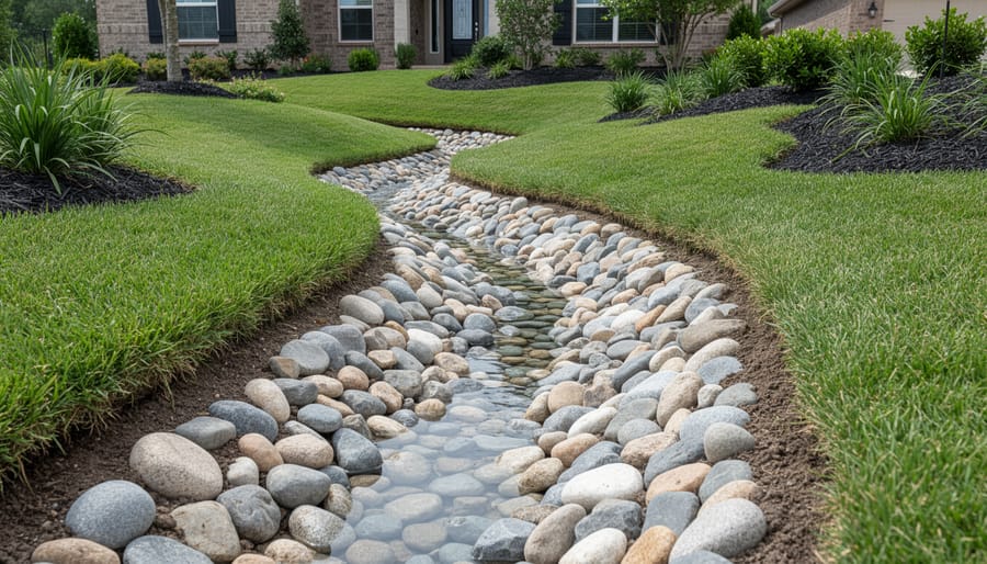 Curved drainage swale with river rock lining directing water through yard