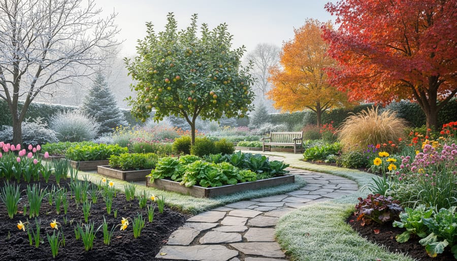 Gardener planting bulbs in temperate climate garden with perennials and evergreens