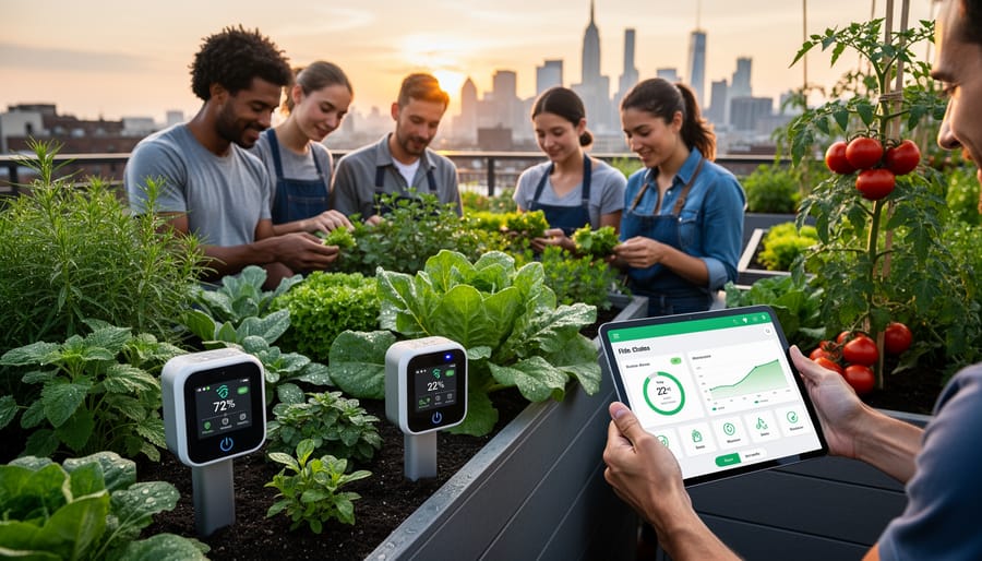 Abundant rooftop vegetable garden with sensor-equipped irrigation system and city skyline background