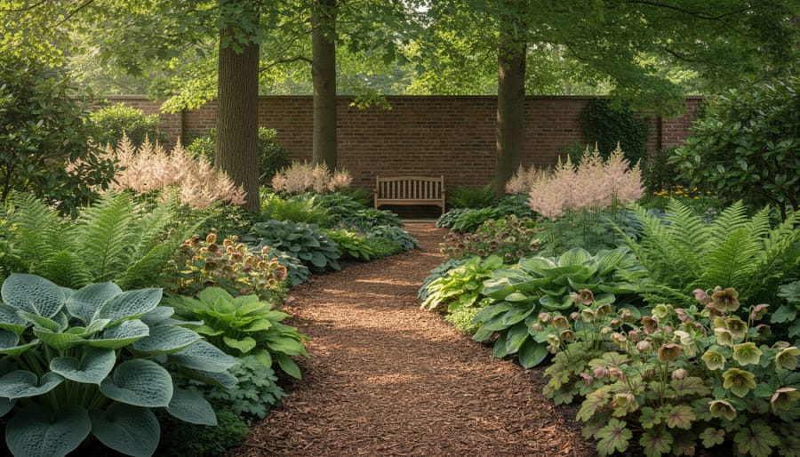Layered shade garden under mature deciduous trees with hostas, ferns, astilbes, hellebores, and coral bells along a mulched path, lit by soft dappled morning light, with tree trunks and a faint brick wall in the background.
