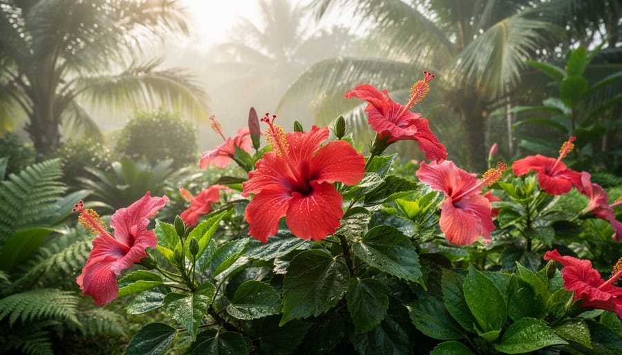 Close-up of pink hibiscus flower with water droplets surrounded by tropical foliage
