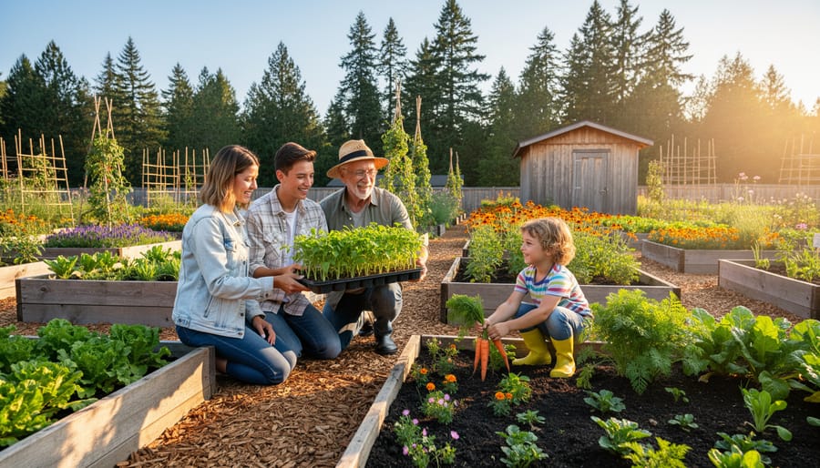 Diverse neighbors, including a retiree, young parents, and a child, gardening together in raised beds at golden hour with vibrant plants, wood-chip paths, pollinator flowers, trellises, a wooden shed, and tall evergreens in the background.