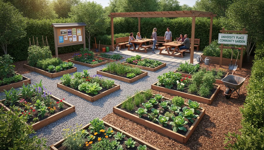 Aerial view of community garden showing organized plots, pathways, and gathering areas