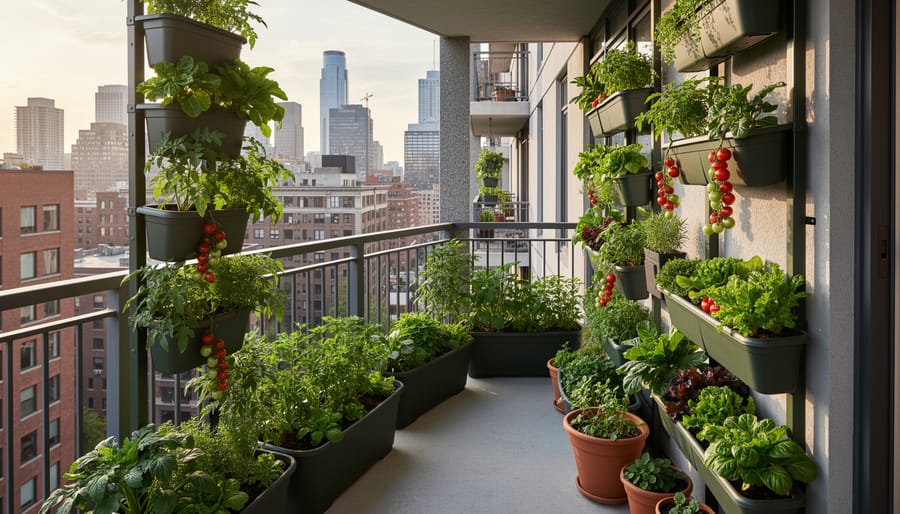 Lush container garden with vegetables and herbs growing on small urban apartment balcony