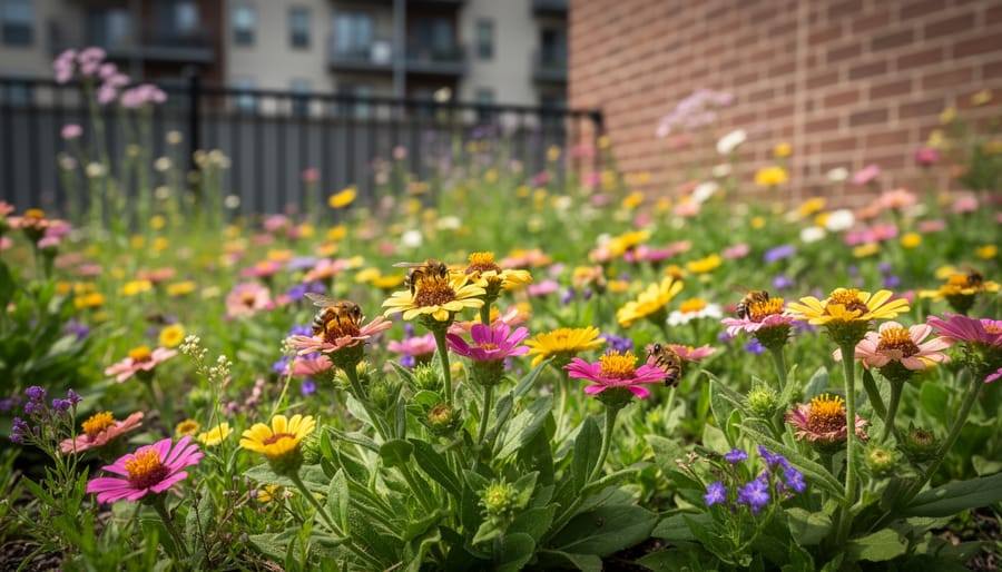 Bumblebee pollinating purple coneflower in urban garden setting