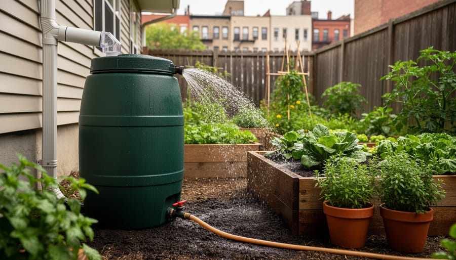 Rain barrel water collection system connected to downspout on urban patio