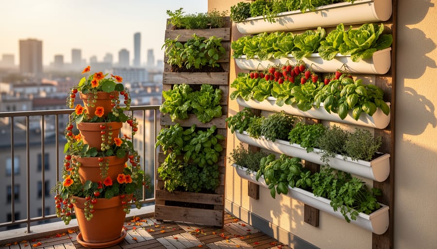 Small apartment balcony with horizontal rain gutters used as planters for lettuce, strawberries, and herbs, an upright pallet filled with greens, and a stacked terracotta pot tower with trailing cherry tomatoes and nasturtiums, lit by warm side sunlight with a softly blurred city skyline.